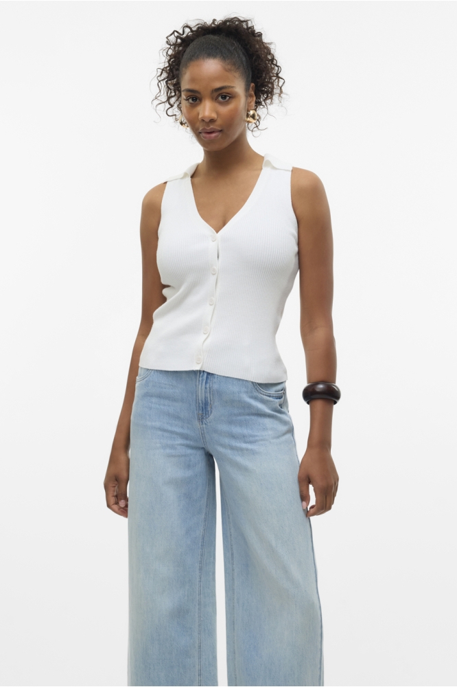VMWILLOW SL V-NECK POLO TOP 10330770 SNOW WHITE